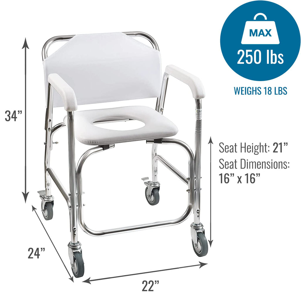 Rolling Shower Commode Chair Aluminum Frame White 250 Lb. Weight Capacity C9831