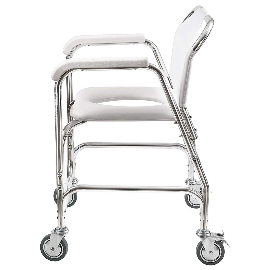 Rolling Shower Commode Chair Aluminum Frame White 250 Lb. Weight Capacity C9831