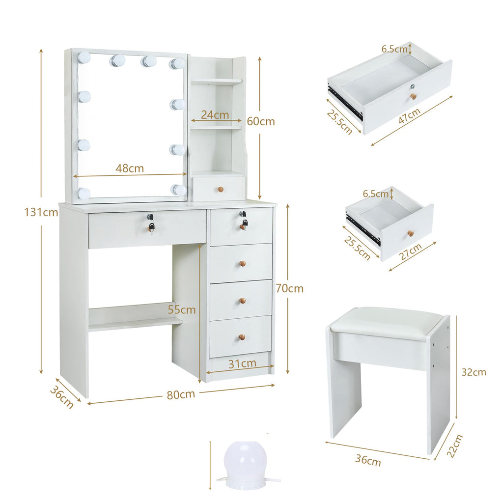 White Vanity Mirror with Lights Desk and Chair 5 Drawers Makeup Table W3806