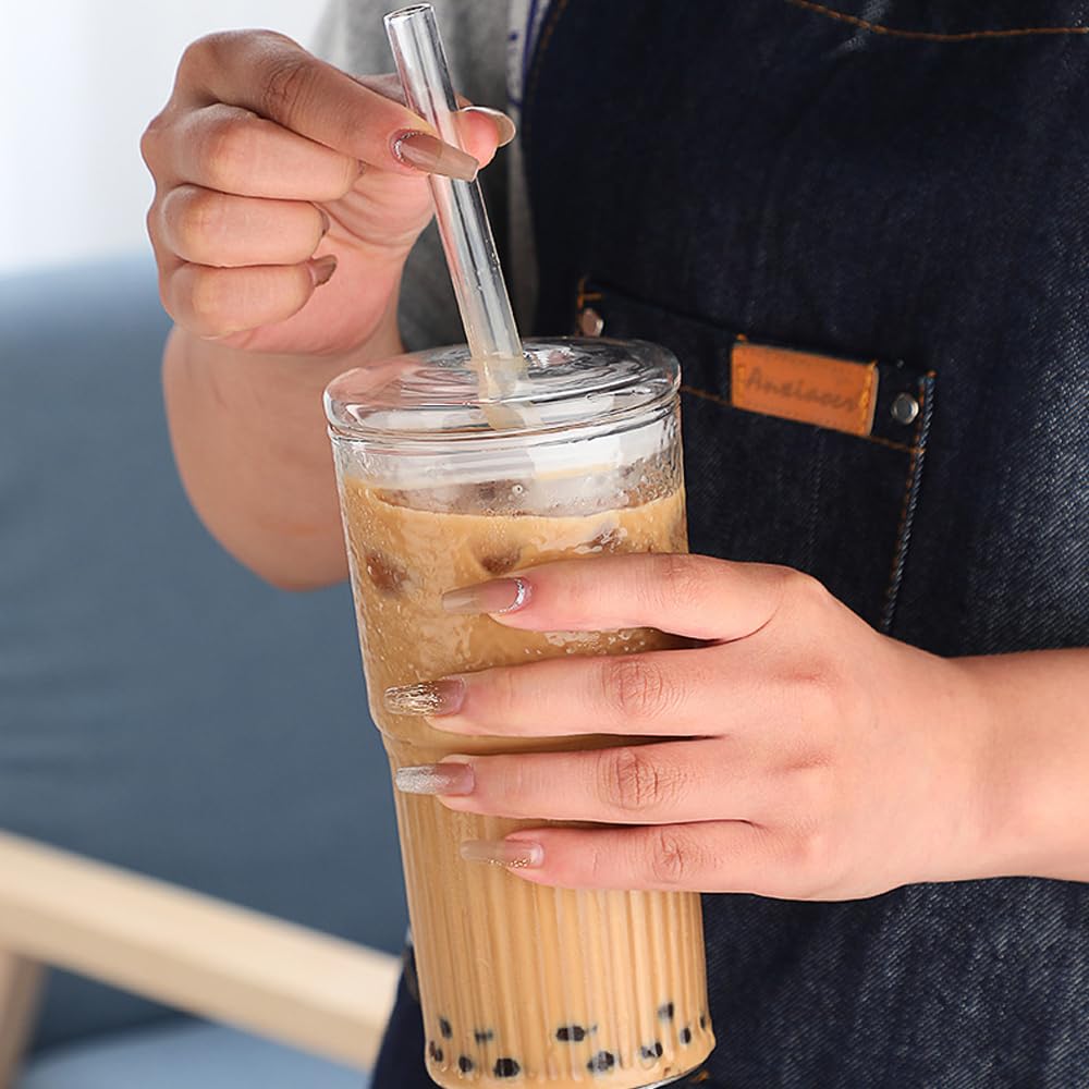 2Pcs 22oz Glass Cups with Lids and Straws N745