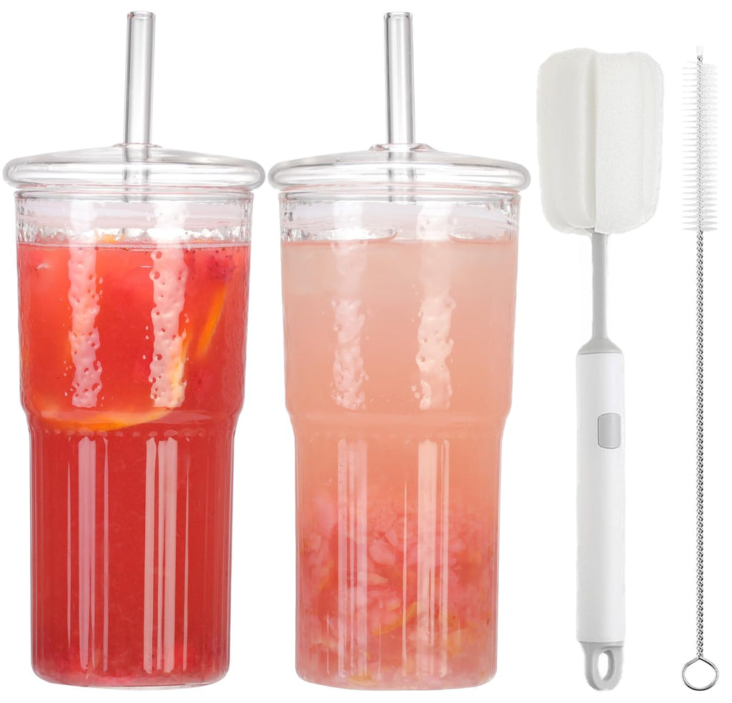 2Pcs 22oz Glass Cups with Lids and Straws N745