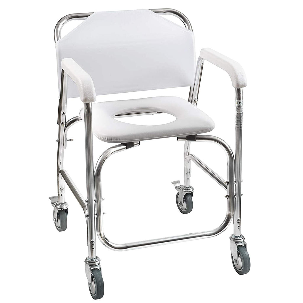Rolling Shower Commode Chair Aluminum Frame White 250 Lb. Weight Capacity C9831