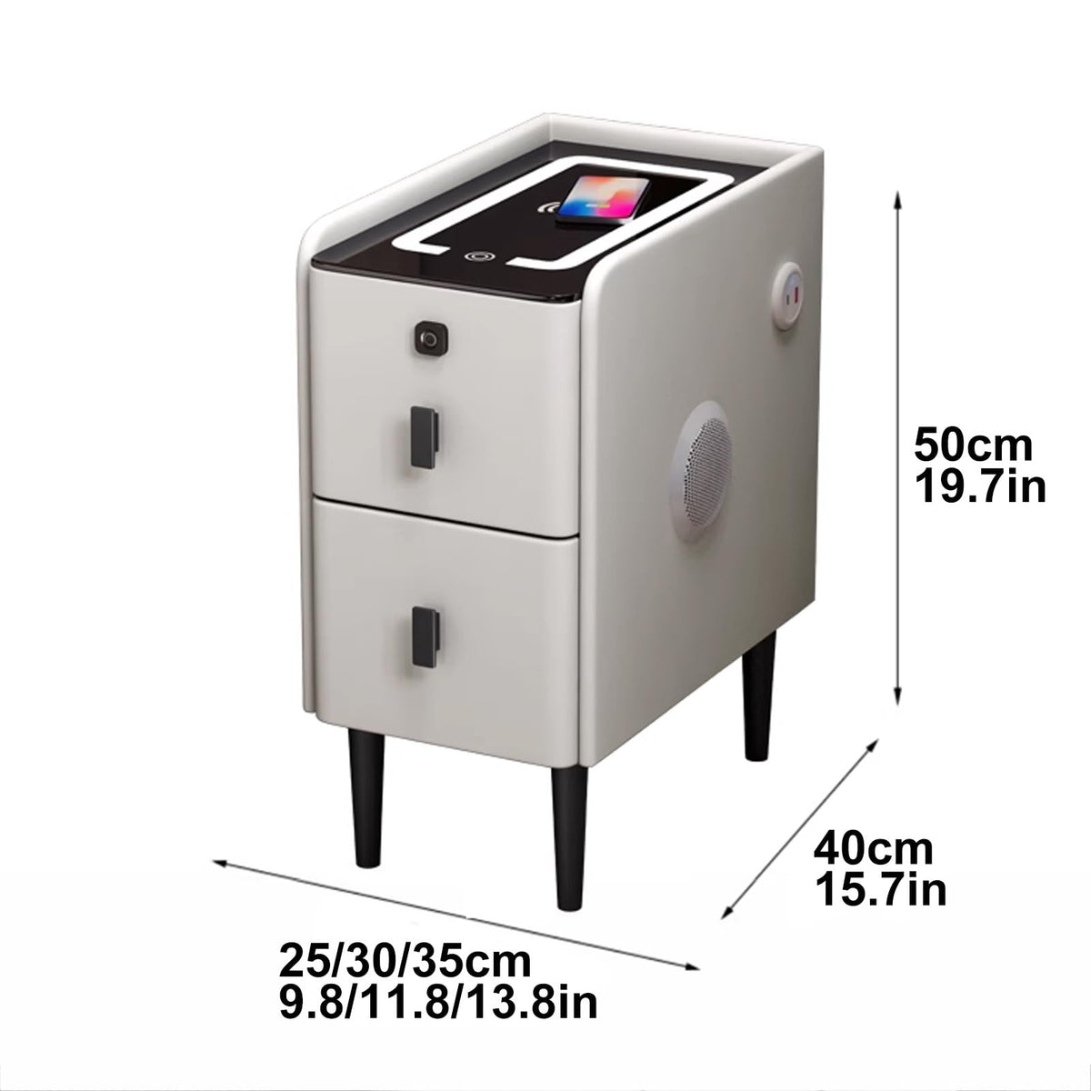 White Smart Nightstand with Fingerprint Lock, Wireless Charging, Speaker, USB Port, 3 LED Lights, 2 Storage Drawers M3531