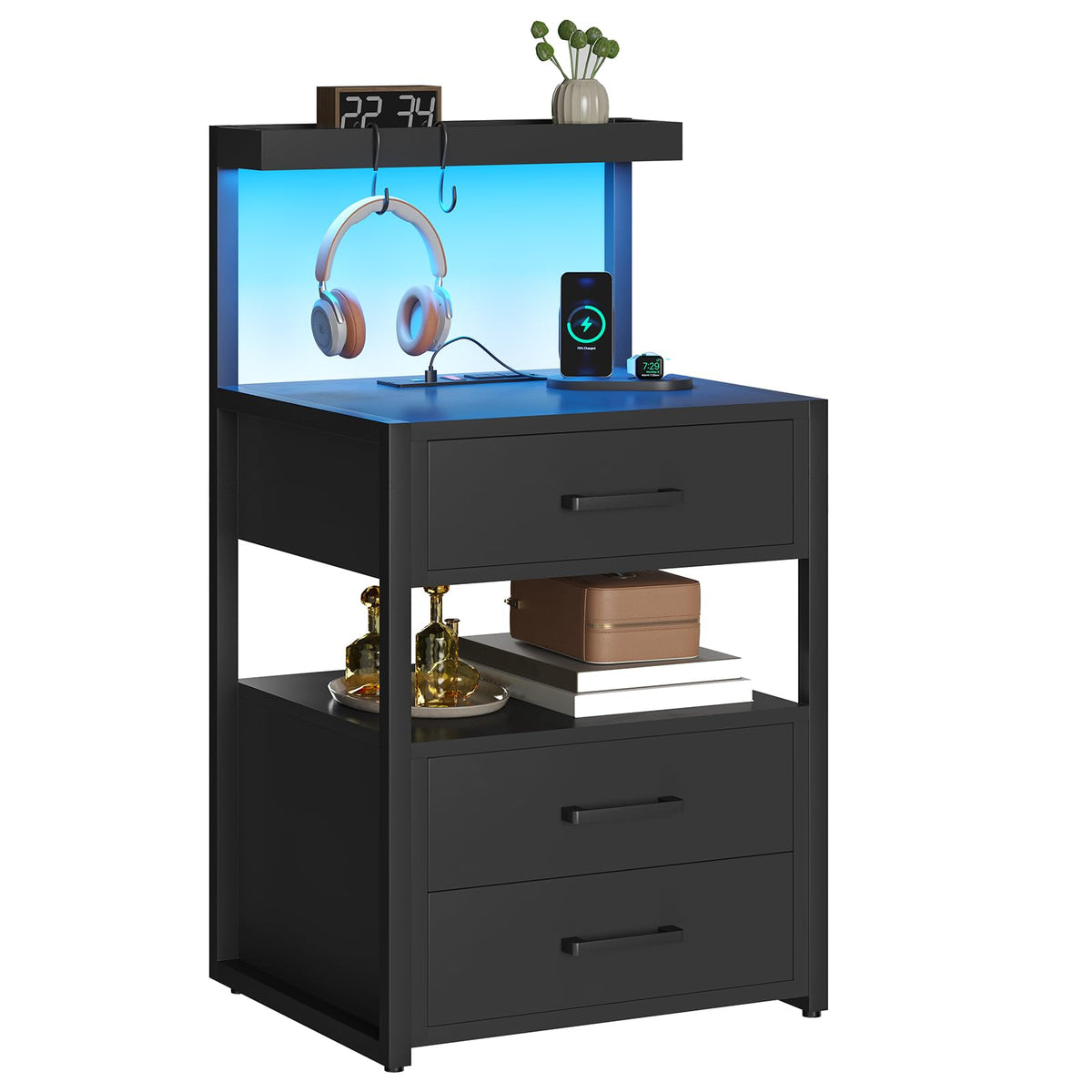 Black 3 Drawer Nightstand with Charging Station Q5496