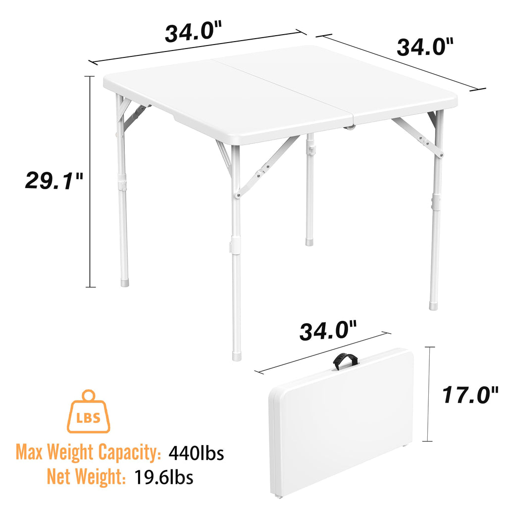 34'' Square Folding Card Table, Portable Plastic Dining Table with Carry Handle, White L568