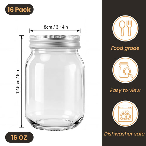 16 Pack 16 Oz Clear Glass Mason Jars O7791