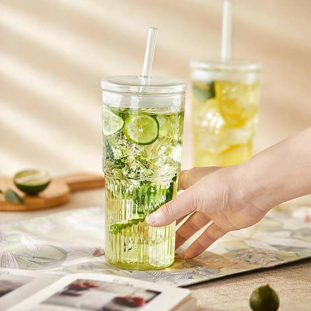 2Pcs 22oz Glass Cups with Lids and Straws N745