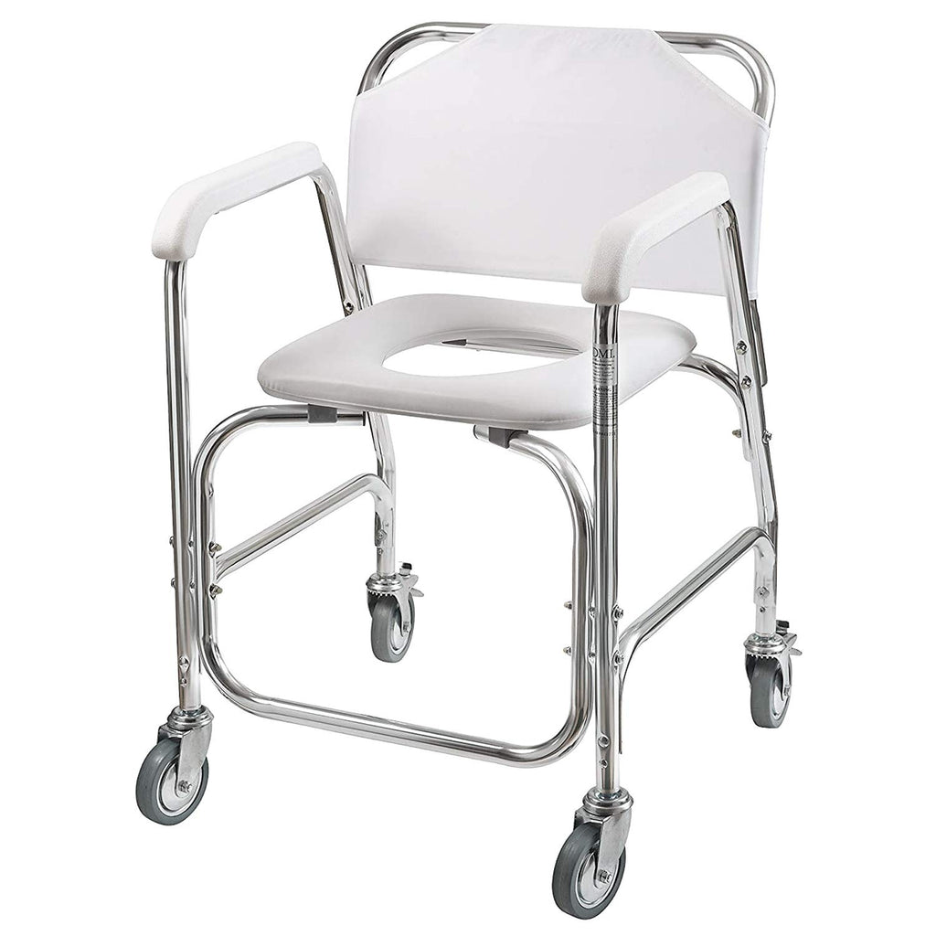 Rolling Shower Commode Chair Aluminum Frame White 250 Lb. Weight Capacity C9831
