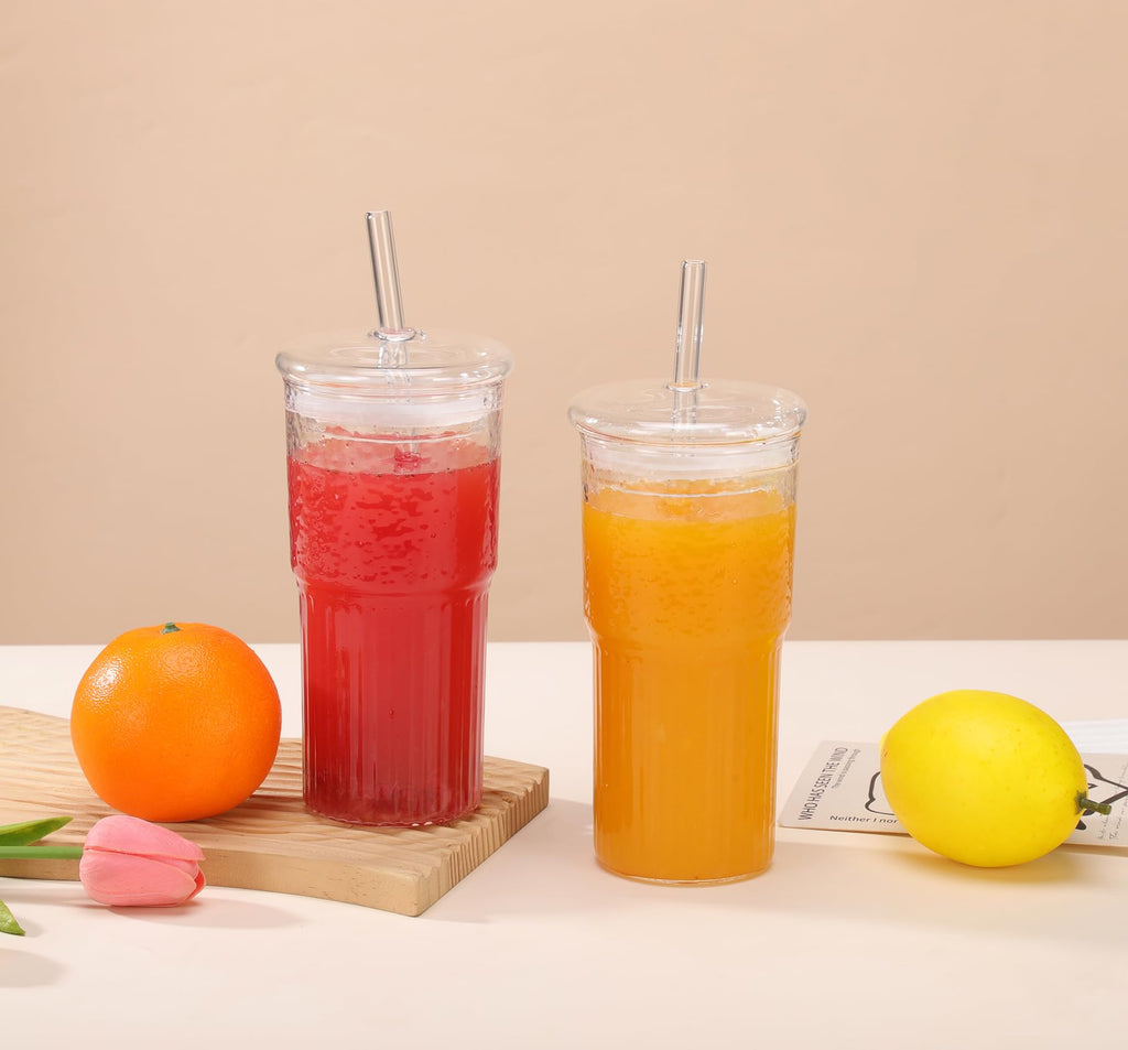 2Pcs 22oz Glass Cups with Lids and Straws N745