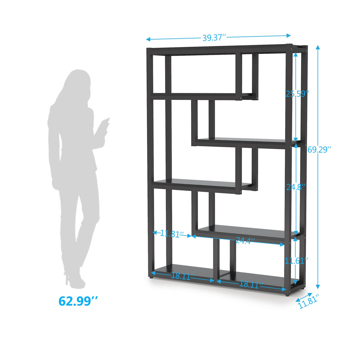 6-Shelf 69 Inch Tall Black Bookshelf T431