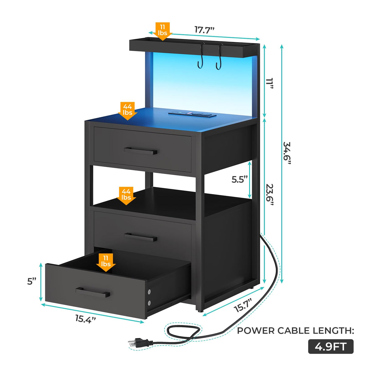 Black 3 Drawer Nightstand with Charging Station Q5496