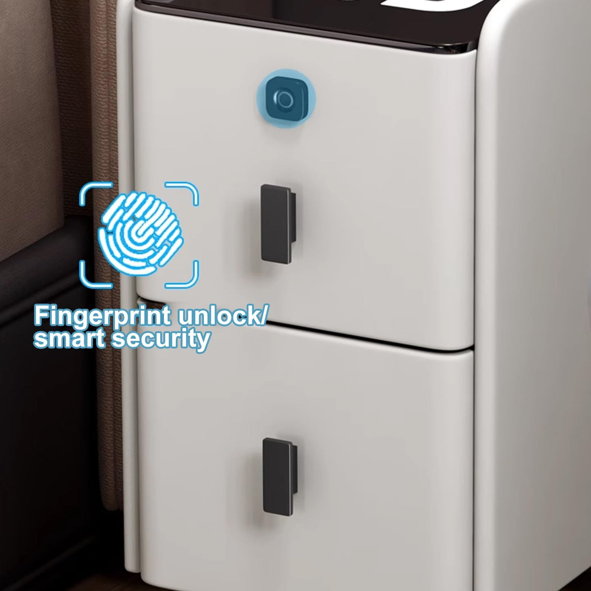White Smart Nightstand with Fingerprint Lock, Wireless Charging, Speaker, USB Port, 3 LED Lights, 2 Storage Drawers M3531