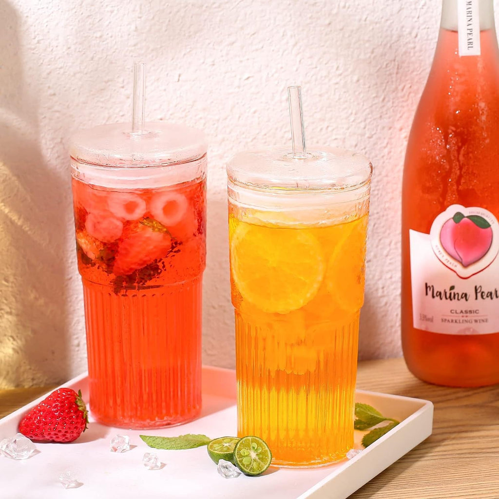 2Pcs 22oz Glass Cups with Lids and Straws N745