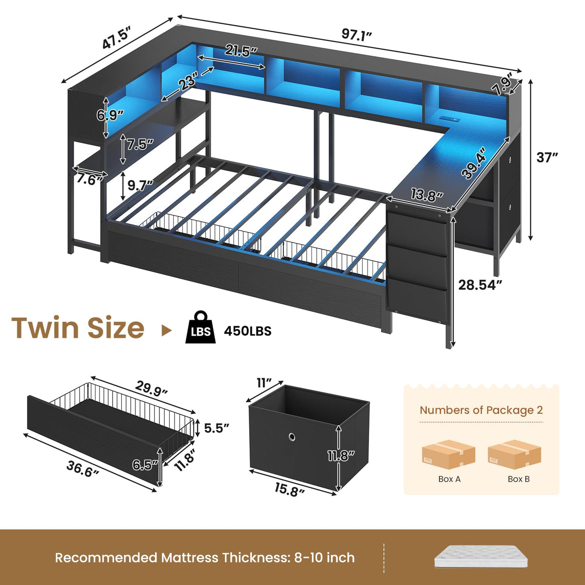 Black Twin Size Corner Bed Frame with Desk and Storage N5858