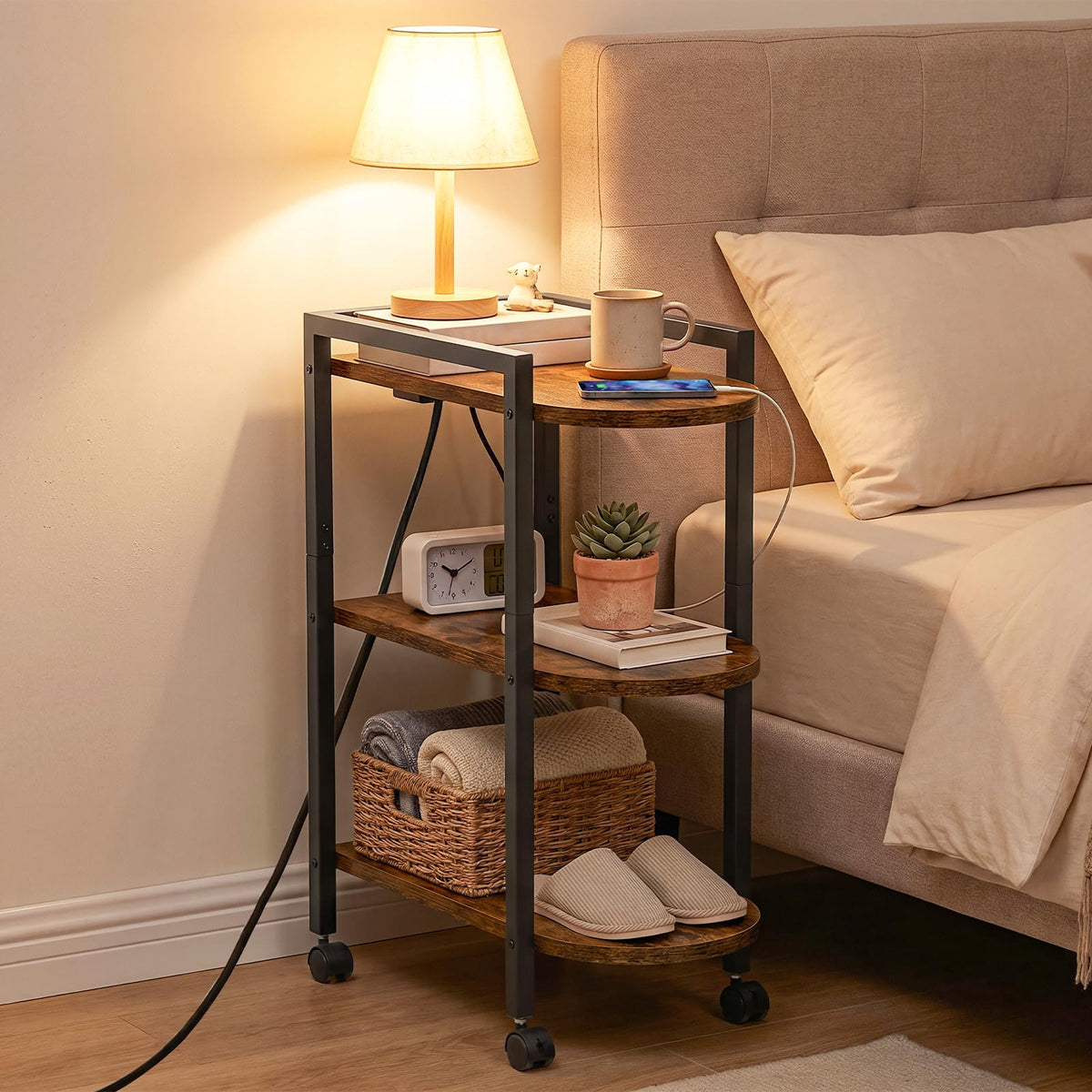 Rolling Narrow Side Table with Charging Station O60341