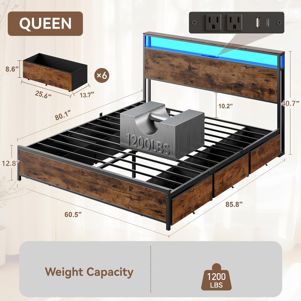 Queen Bed Frame with Storage Headboard & 6 Drawers T5435