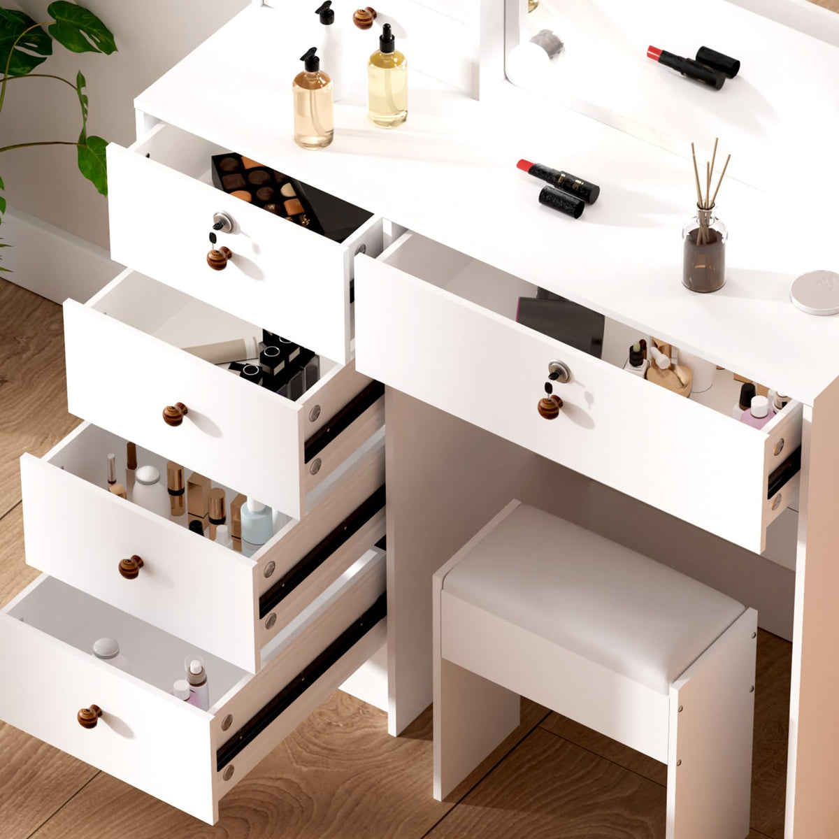 White Vanity Mirror with Lights Desk and Chair 5 Drawers Makeup Table W3806