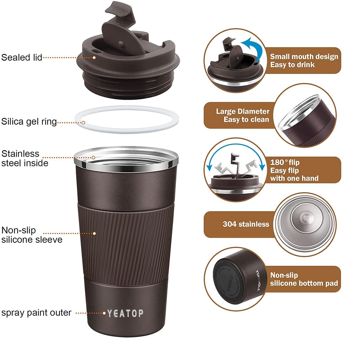 16 oz Stainless Steel Insulated Travel Coffee Mug with Lid K544