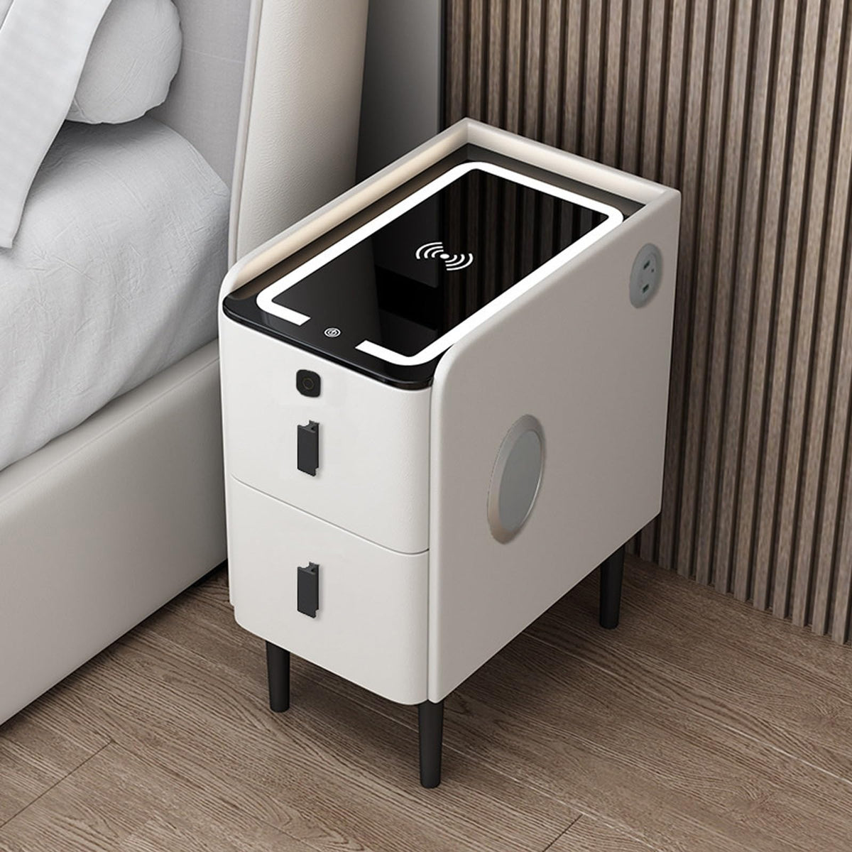 White Smart Nightstand with Fingerprint Lock, Wireless Charging, Speaker, USB Port, 3 LED Lights, 2 Storage Drawers M3531