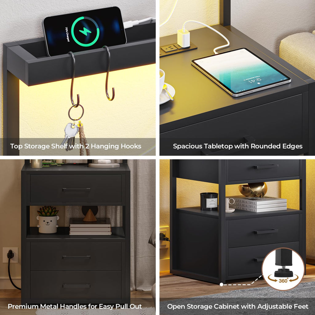 Black 3 Drawer Nightstand with Charging Station Q5496