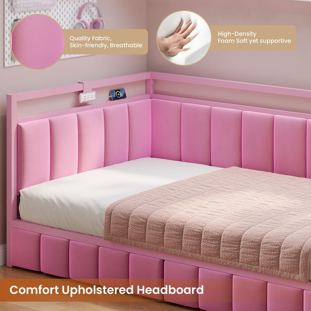 Pink Twin Size Corner Bed Frame with Storage Drawers O386