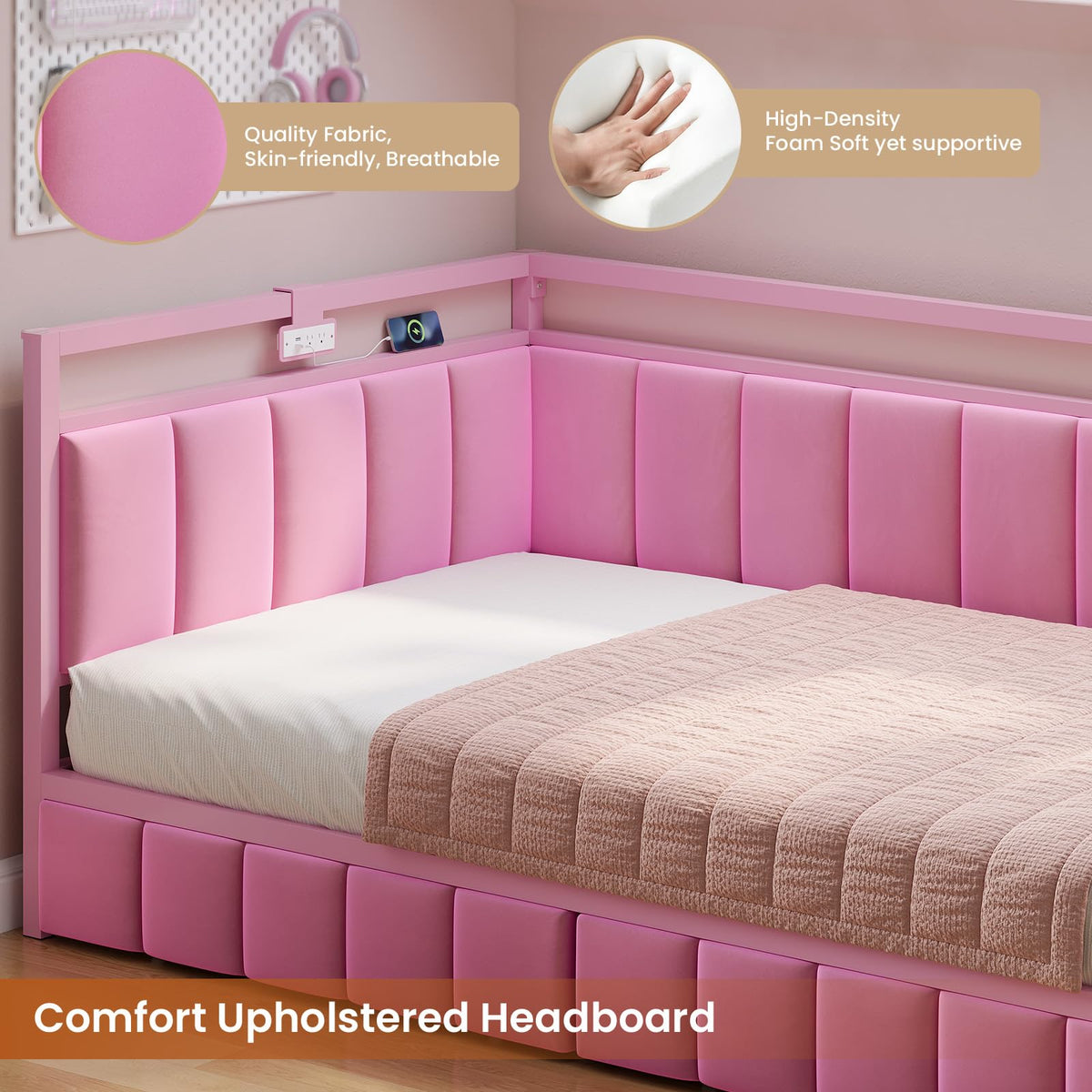 Pink Twin Size Corner Bed Frame with Storage Drawers O386