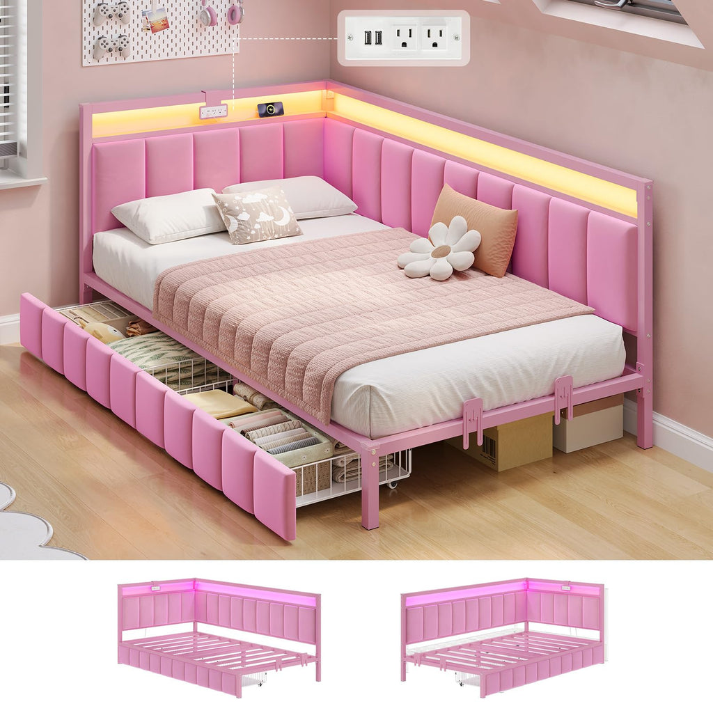 Pink Twin Size Corner Bed Frame with Storage Drawers O386