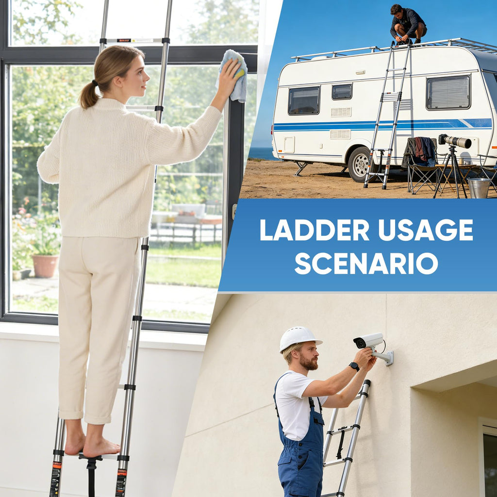 Telescoping Ladder 16.5 FT with Wheels & Hooks 330 lbs T432