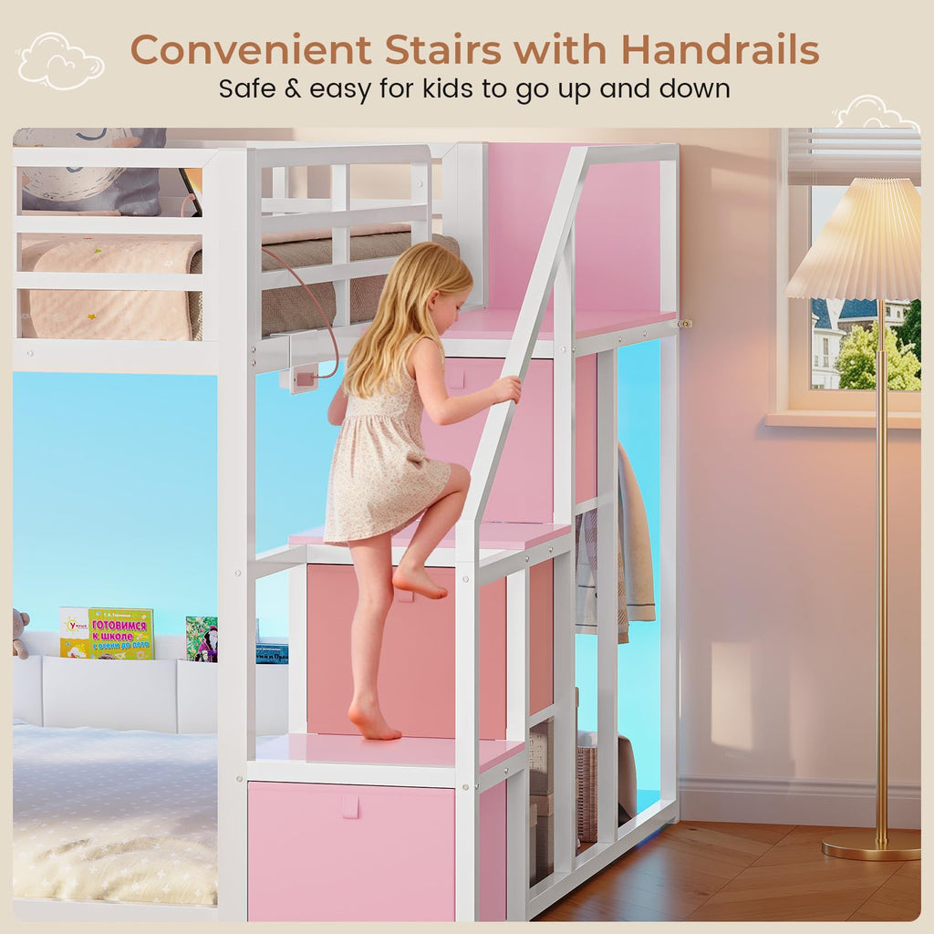Full Over Full Bunk Bed with Storage Stairs and Drawers, White & Pink J6193