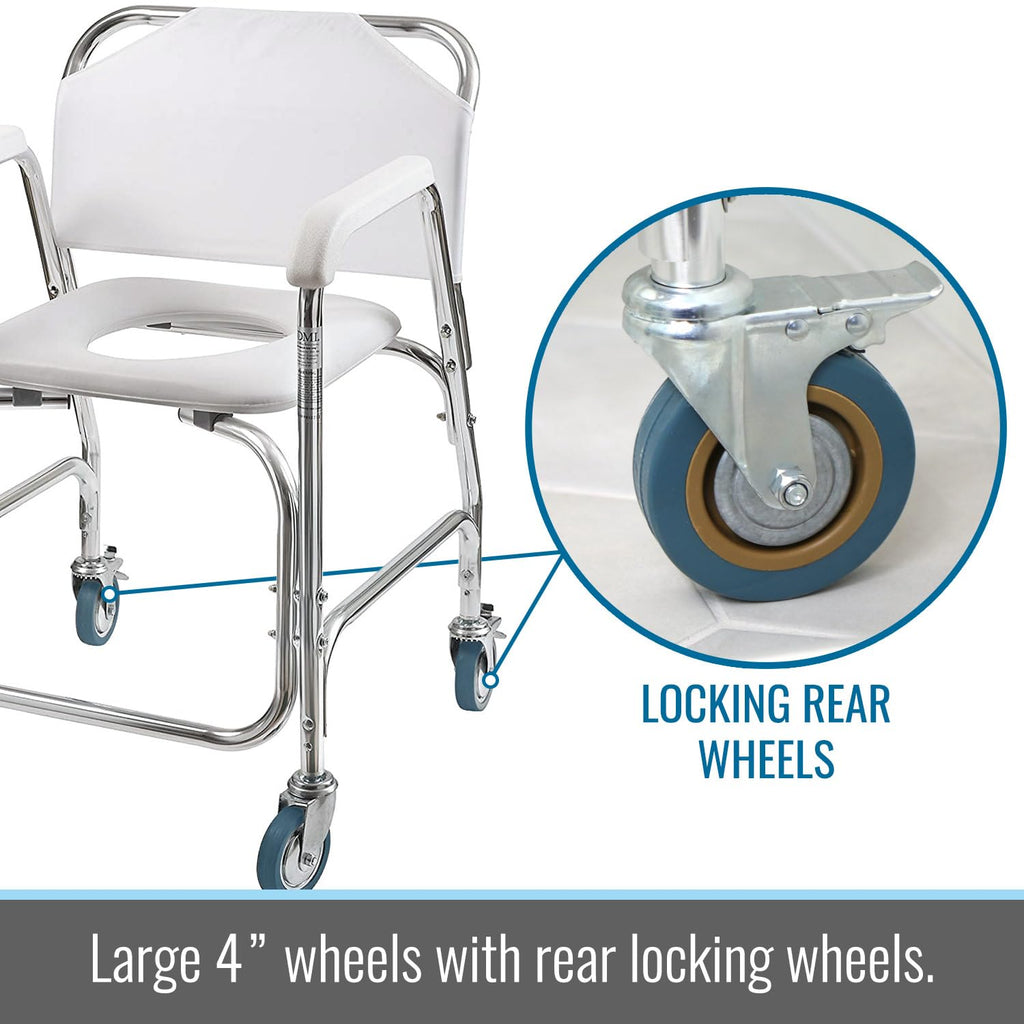 Rolling Shower Commode Chair Aluminum Frame White 250 Lb. Weight Capacity C9831