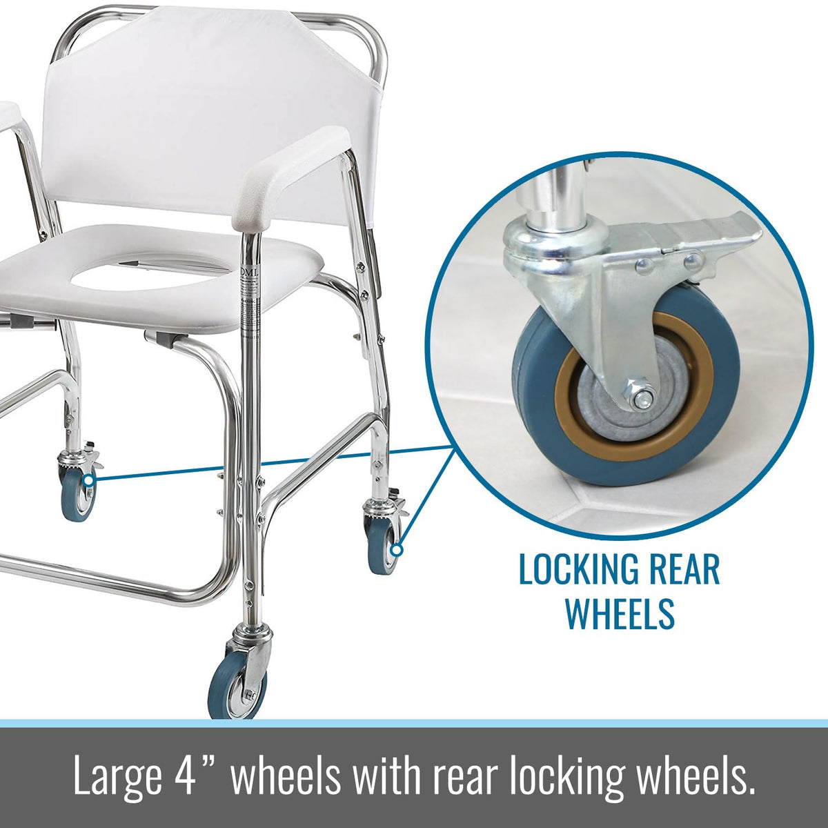 Rolling Shower Commode Chair Aluminum Frame White 250 Lb. Weight Capacity C9831