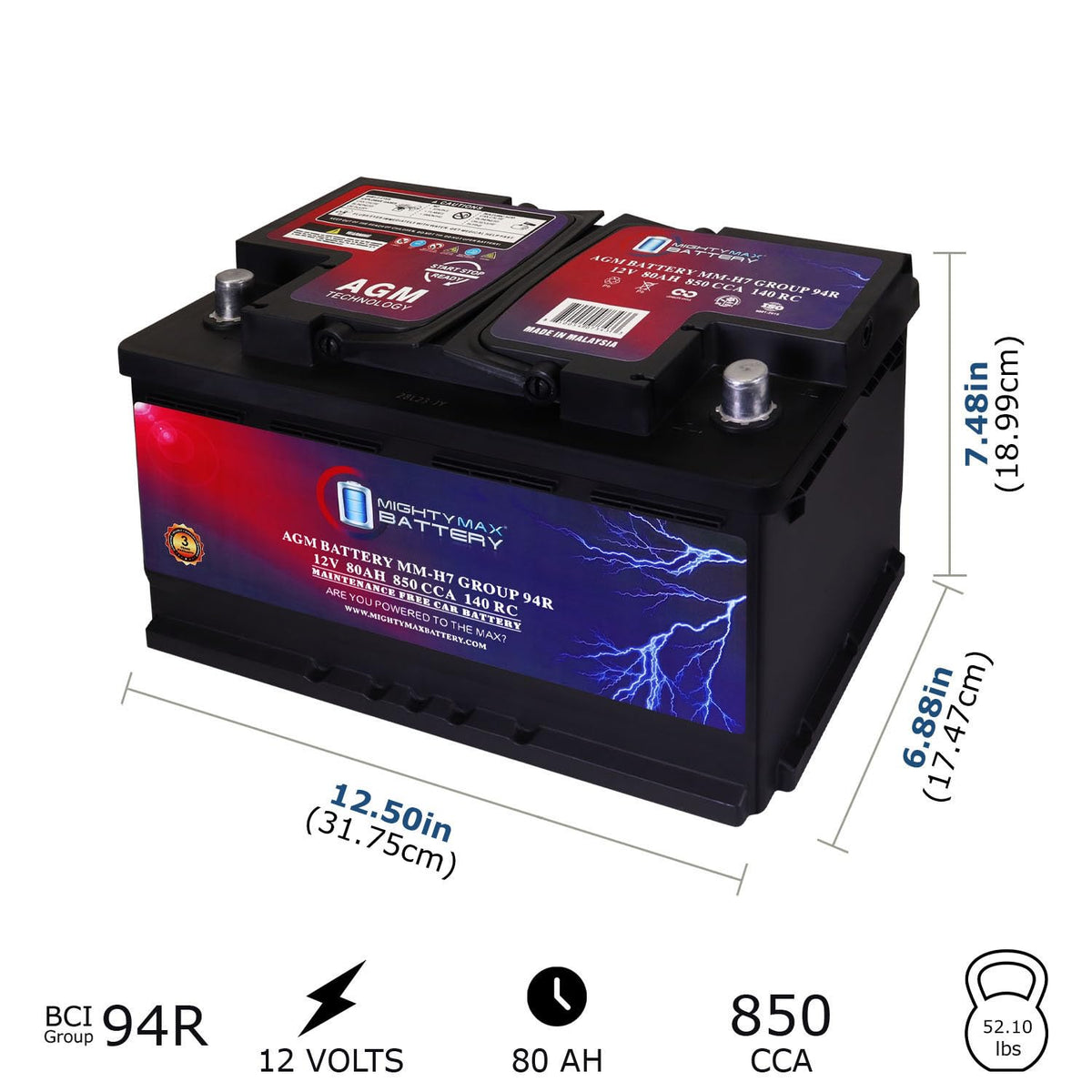 12V 80AH 850 CCA Replacement Battery R463199