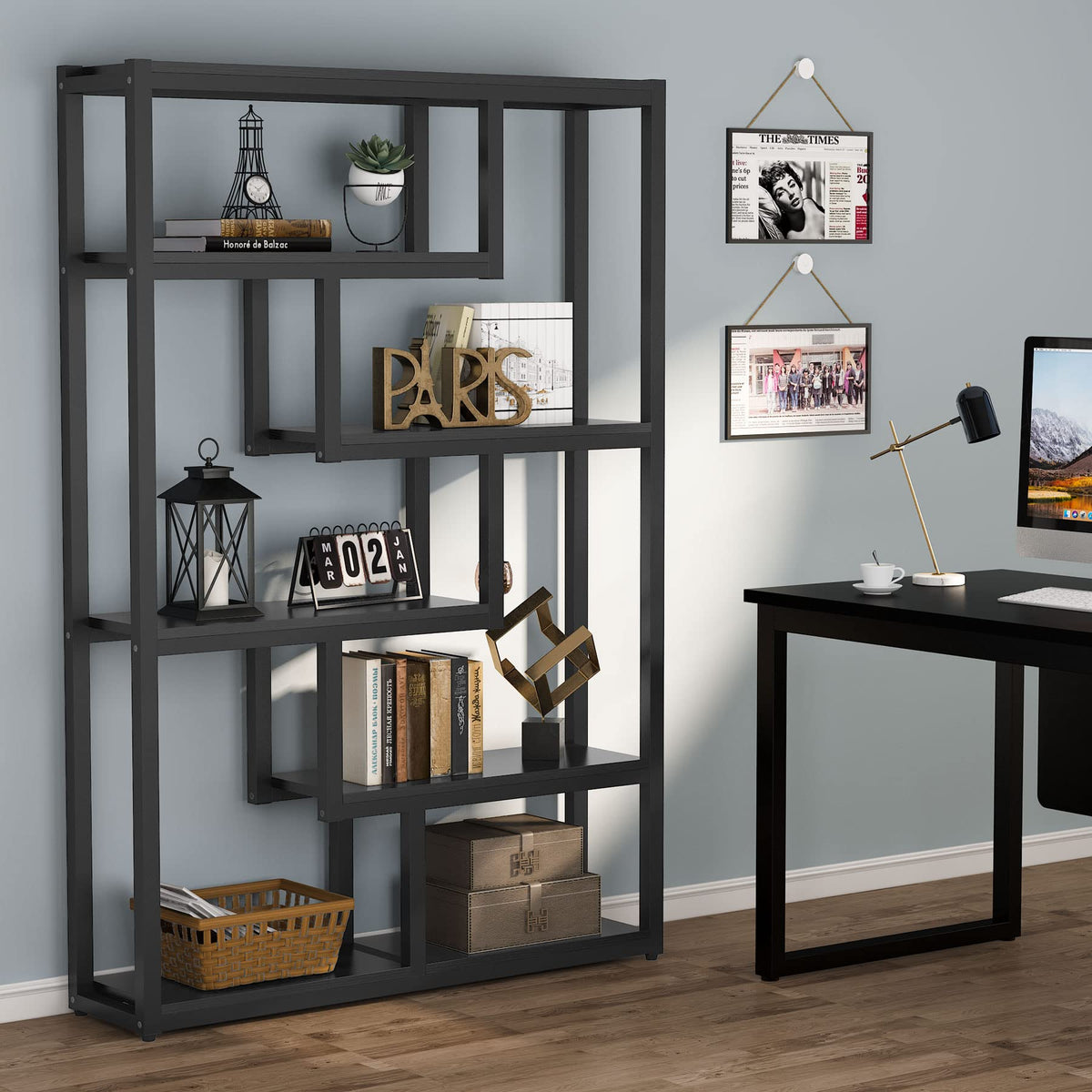 6-Shelf 69 Inch Tall Black Bookshelf T431