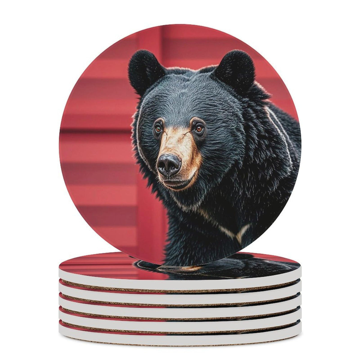 Ceramic Coaster Set of 6 Black Bear Red and Black Plaid Round Coasters T507009