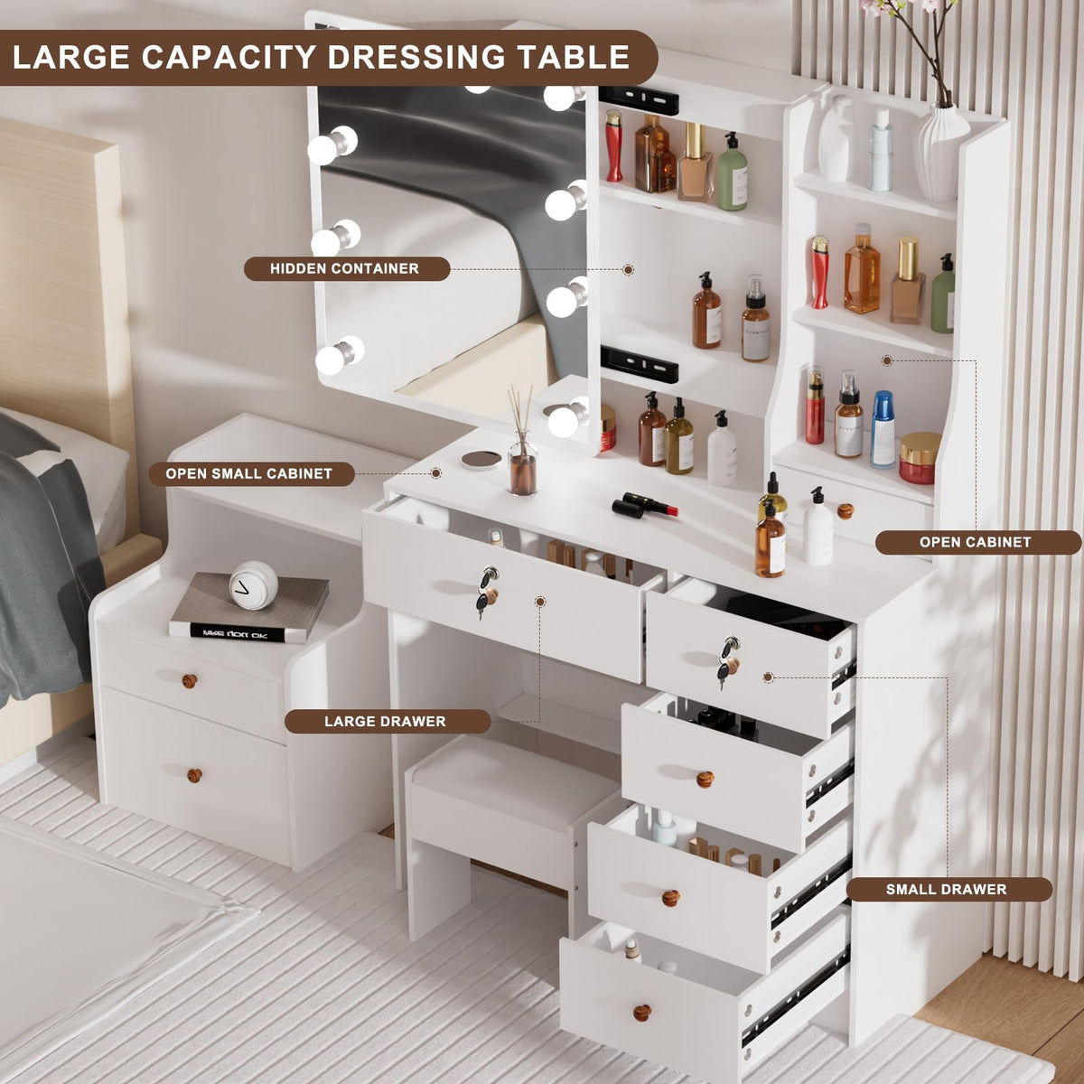 White Vanity Mirror with Lights Desk and Chair 5 Drawers Makeup Table W3806