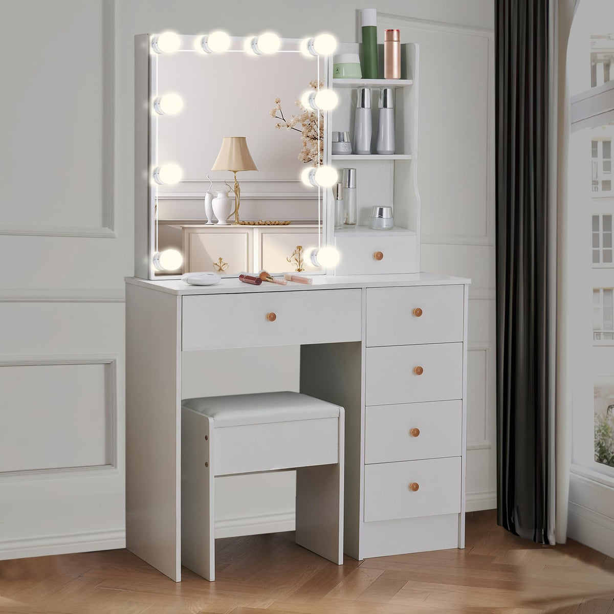White Vanity Mirror with Lights Desk and Chair 5 Drawers Makeup Table W3806