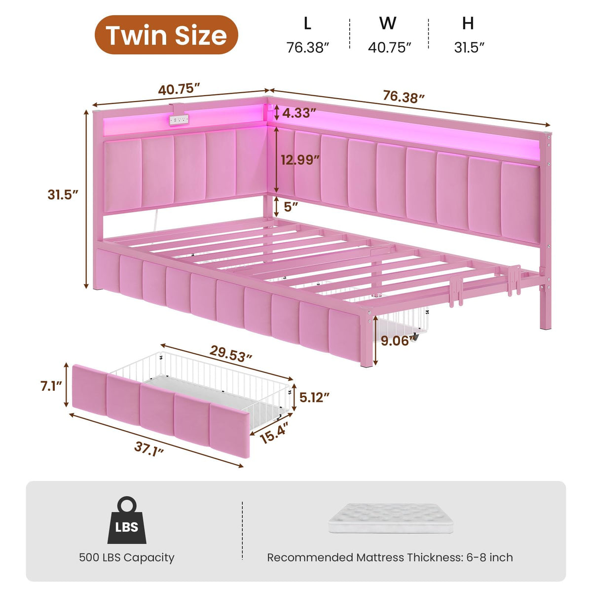 Pink Twin Size Corner Bed Frame with Storage Drawers O386