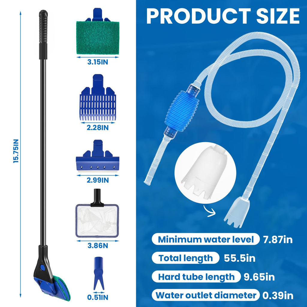 Aquarium Fish Tank Cleaning Tool Kit 4 Pcs Long Aquascape Tools Magnetic Glass Cleaner Brush 5 in 1 Gravel Cleaner and Siphon Vacuum S256