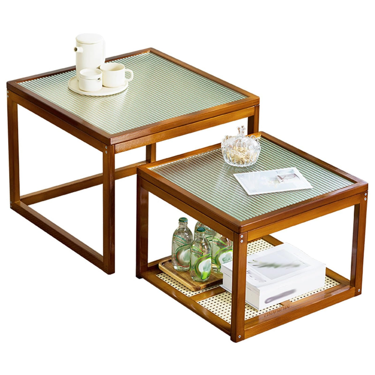 Brown Square Nesting Coffee Table Set of 2 with Tempered Glass and Bamboo O236663