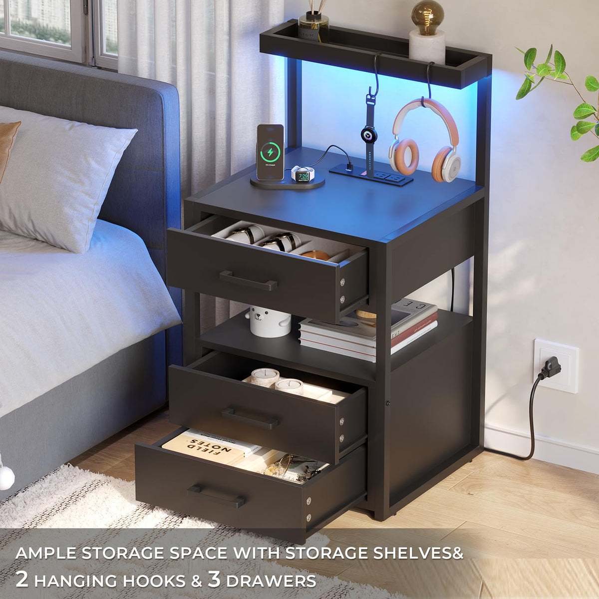 Black 3 Drawer Nightstand with Charging Station Q5496