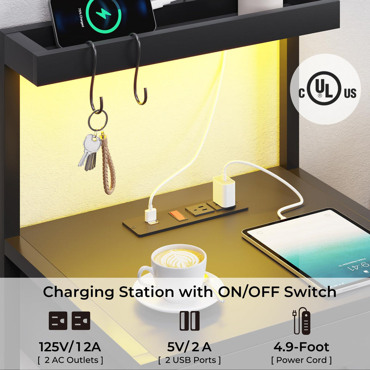 Black 3 Drawer Nightstand with Charging Station Q5496