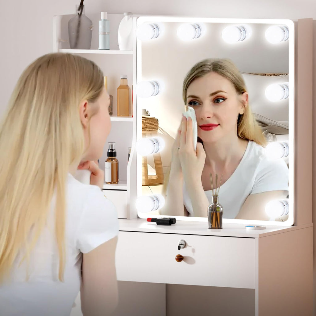 White Vanity Mirror with Lights Desk and Chair 5 Drawers Makeup Table W3806