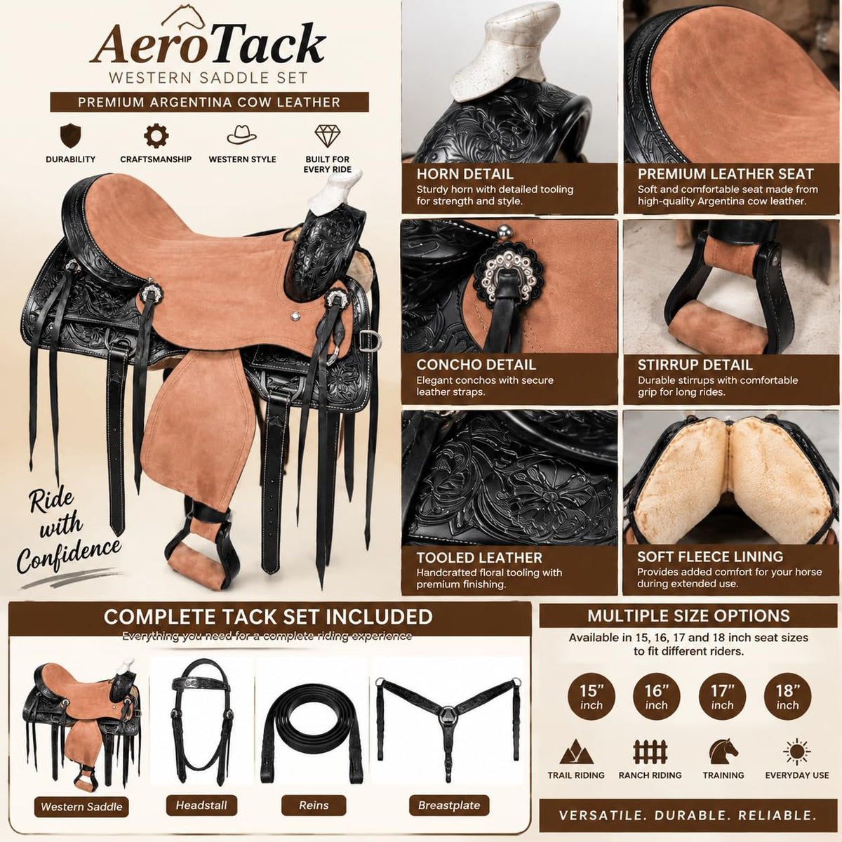 Argentina Cow Leather Saddle Set with Headstall, Reins & Breastplate H468