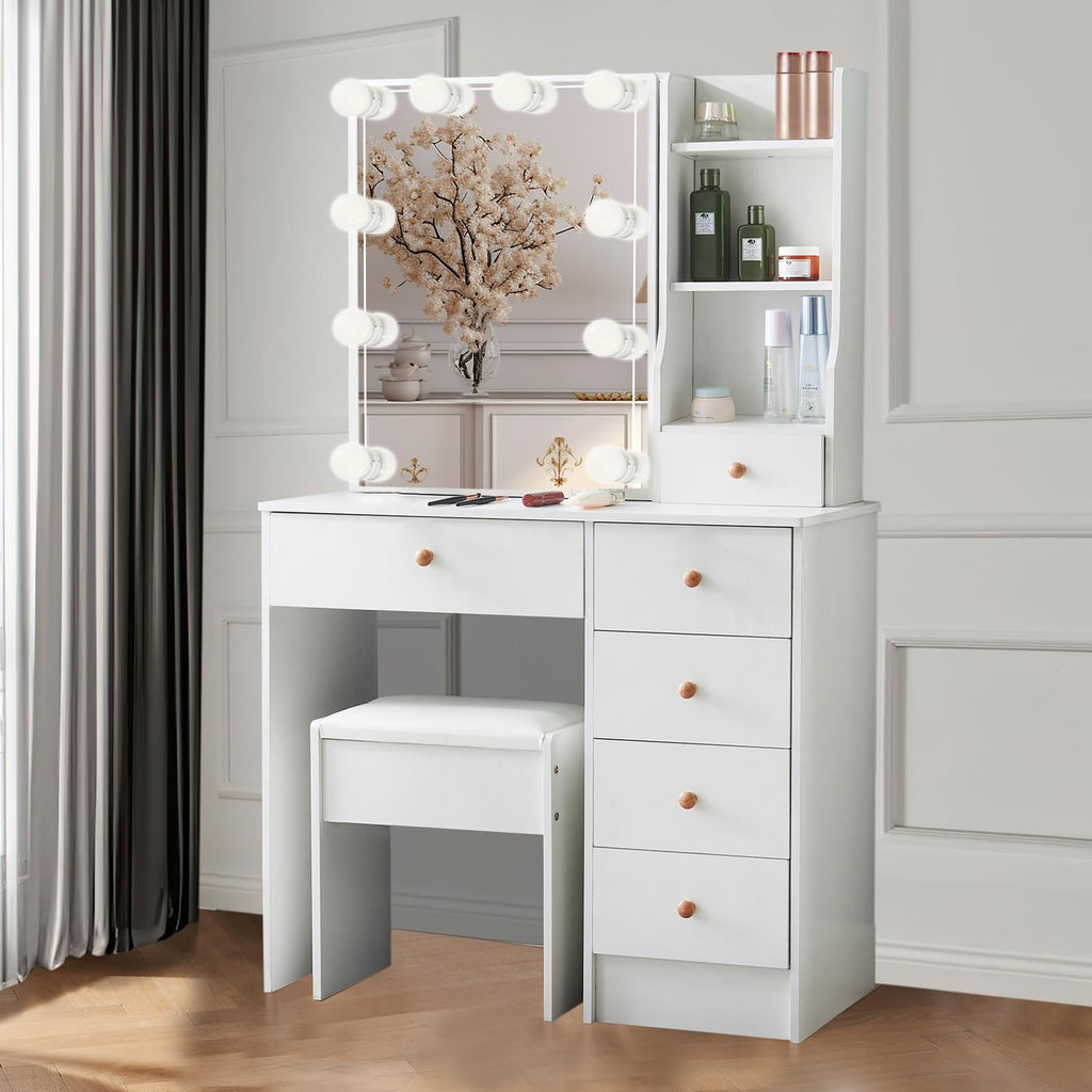 White Vanity Mirror with Lights Desk and Chair 5 Drawers Makeup Table W3806