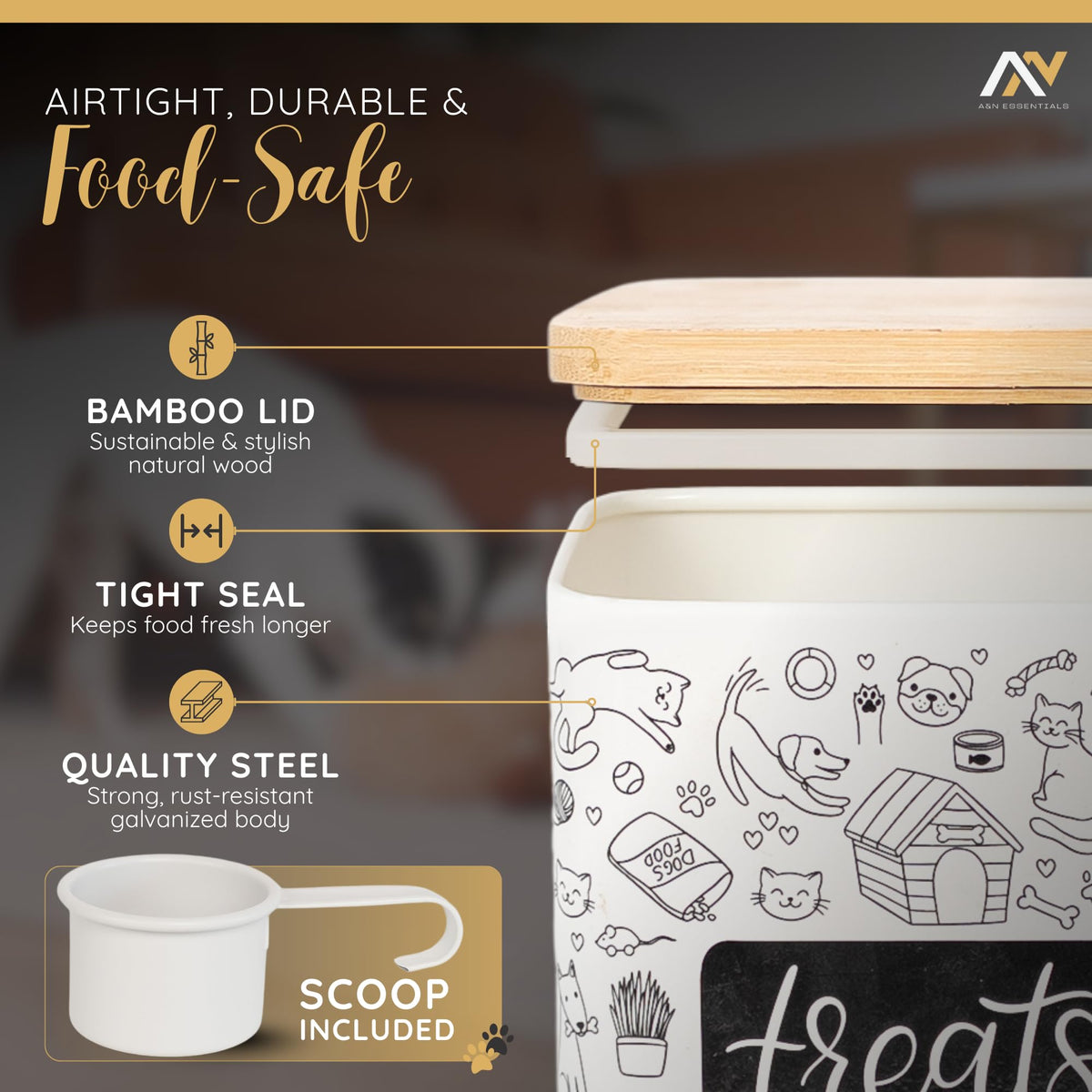 3-Piece Airtight Galvanized Steel Pet Food Storage Container Set with Bamboo Lids L153929