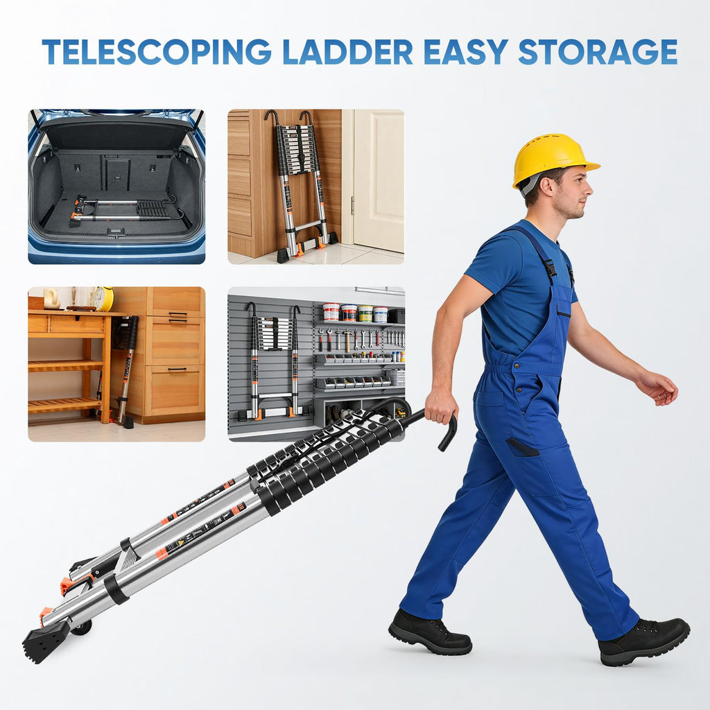 Telescoping Ladder 16.5 FT with Wheels & Hooks 330 lbs T432