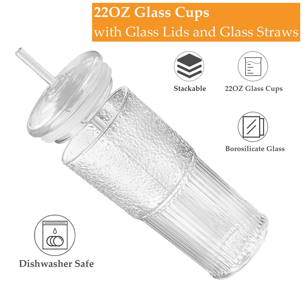 2Pcs 22oz Glass Cups with Lids and Straws N745