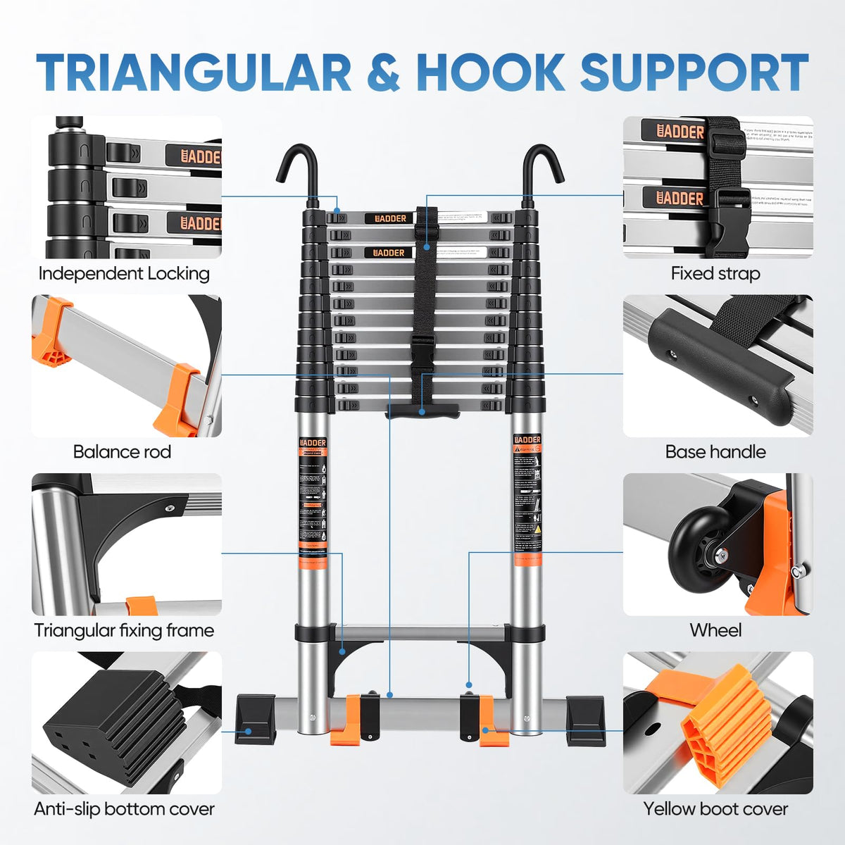 Telescoping Ladder 16.5 FT with Wheels & Hooks 330 lbs T432