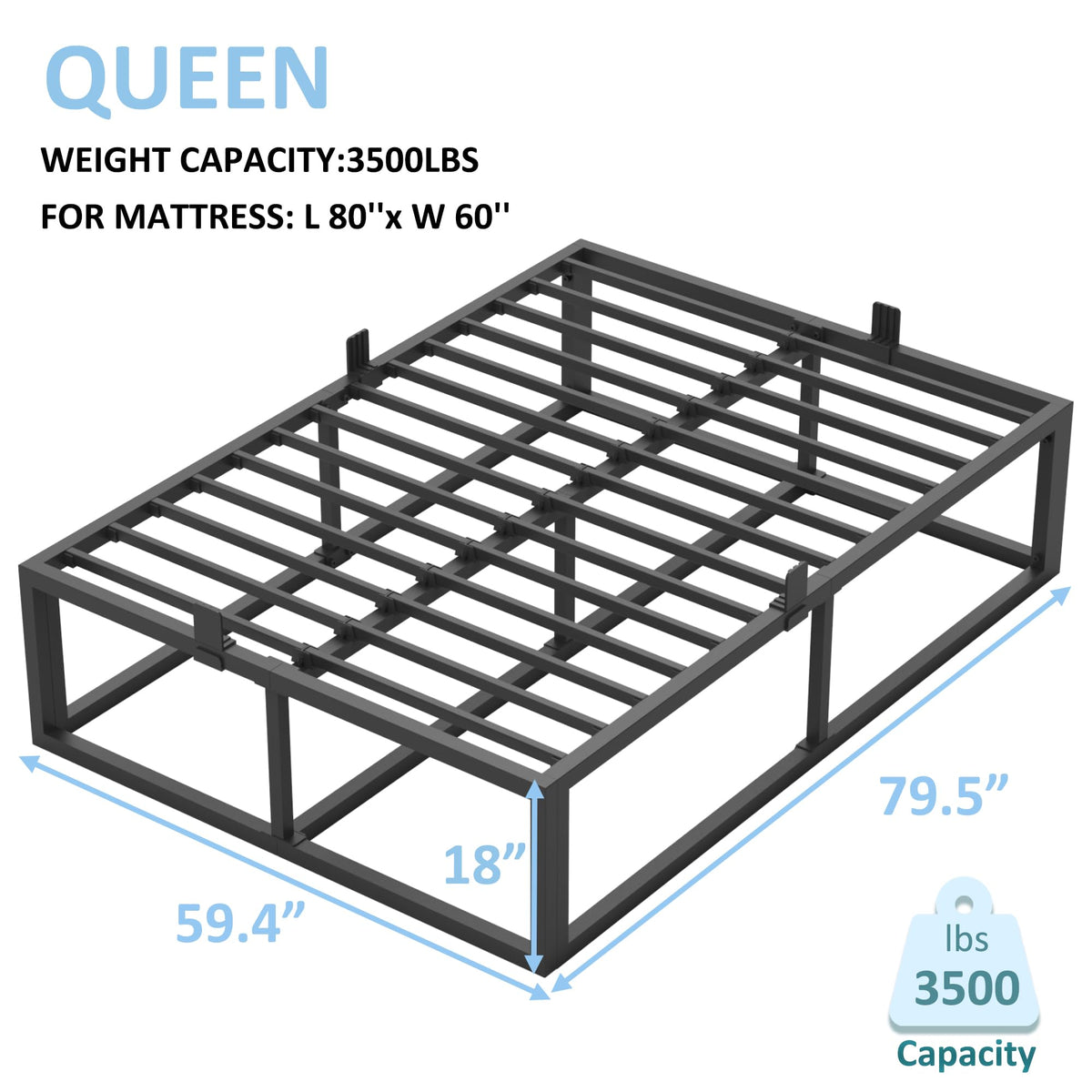 18 Inch Queen Size Black Metal Platform Bed Frame V157718