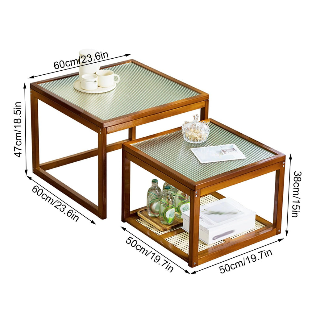 Brown Square Nesting Coffee Table Set of 2 with Tempered Glass and Bamboo O236663
